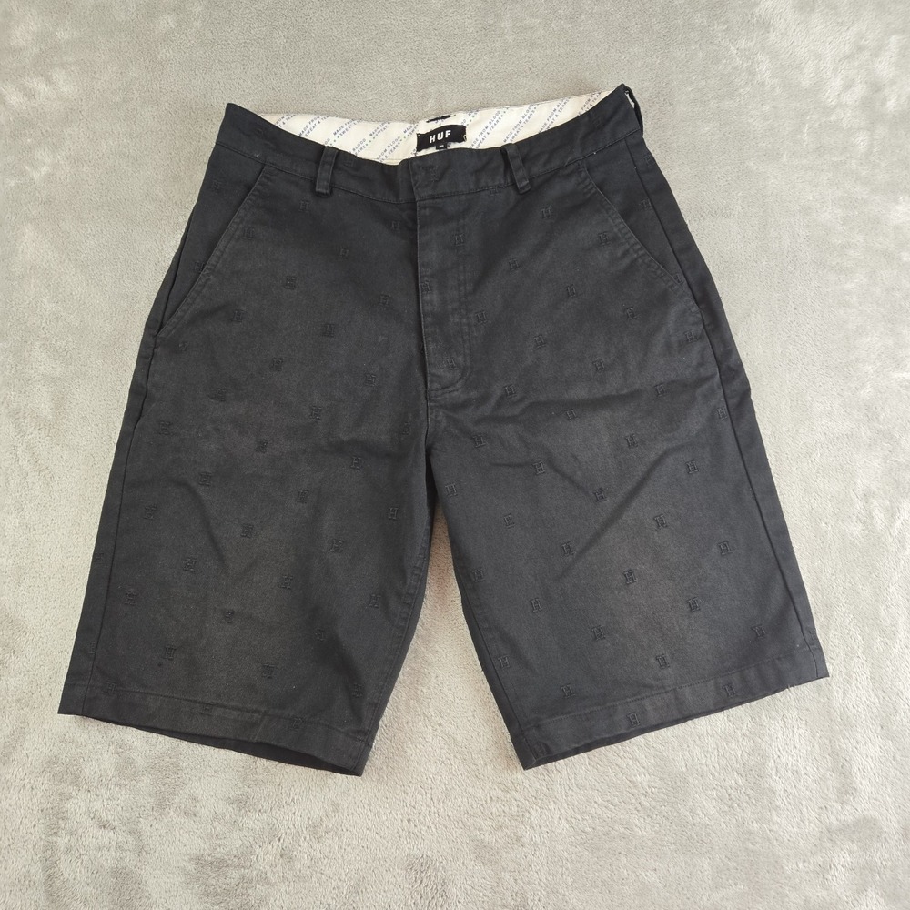 HUF Shorts Mens 30x10 Black All Over Logo Flat Front Chino Casual Outdoor